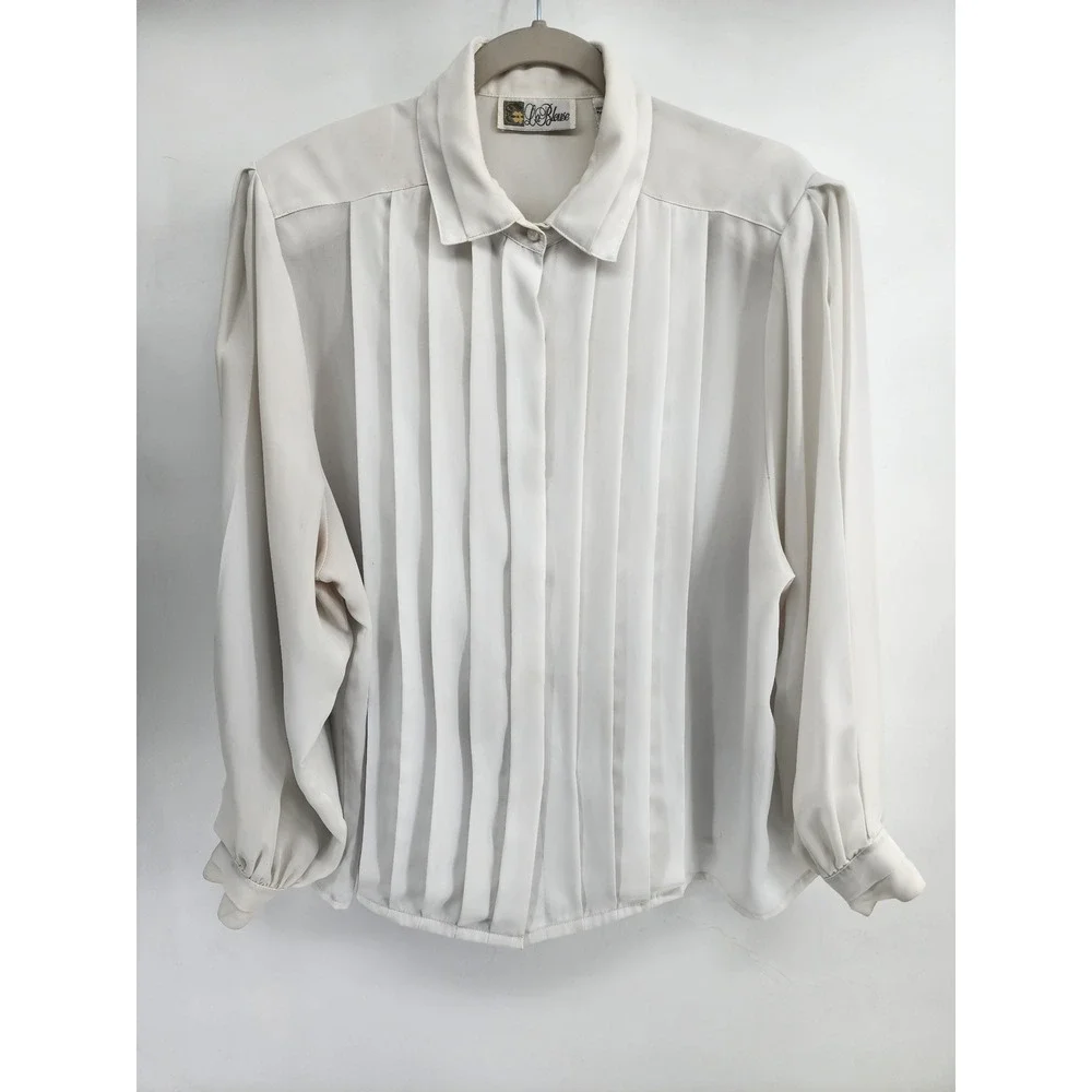 La Blouse Vintage Pleated Front Button Up Shirt Ivory Size 16